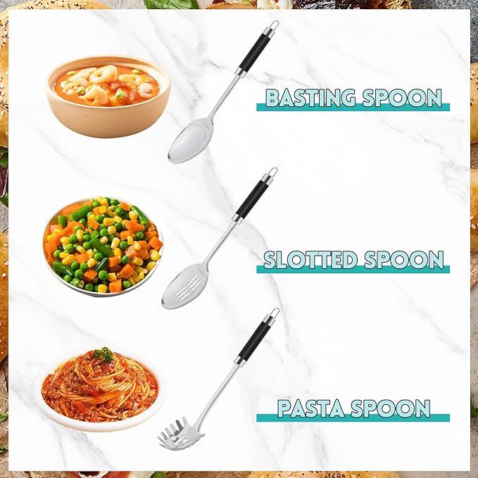 3-Piece,Stainless Steel Serving spoons set with Slotted Spoon, Serving Spoon and Spaghetti Spoon, kitchen cooking serving utensils set cooking spoon.