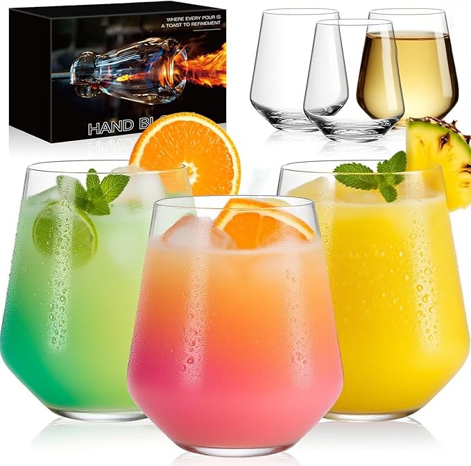 Physkoa Stemless Wine Glasses Set of 6 – 18oz Modern Crystal Glass, Lightweight & Dishwasher Safe | Red & White Wine Glasses for Daily Use, Parties, Housewarming or Birthday Gift