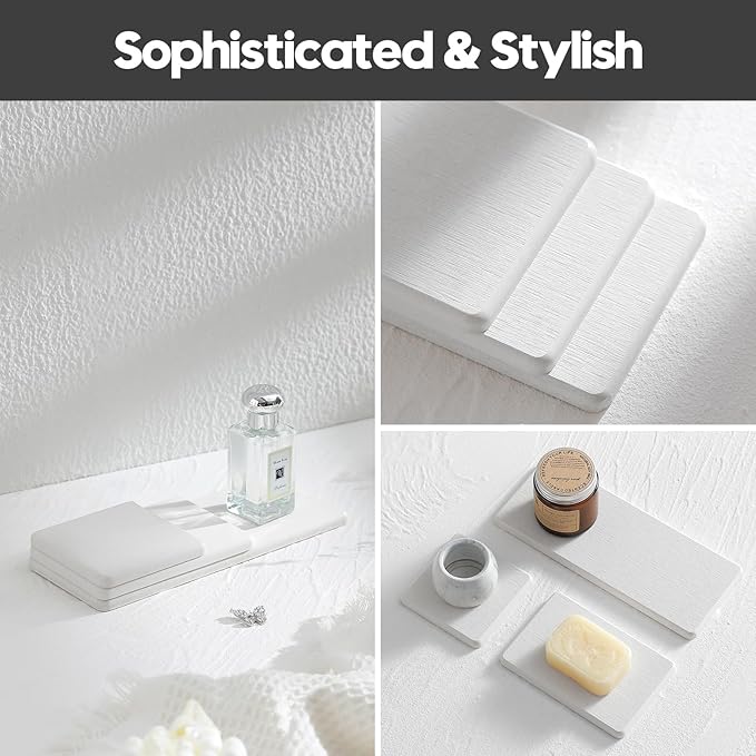 2PCS Bathroom Sink Vanity Trays, Water Absorbing Diatomite Stone Quick Drying Mat for Kitchen Counter,Faucet Splash Guard Dish Rack Soap Dispenser Sponge Holder Caddy Organizer,Beige, 9"x3.5"