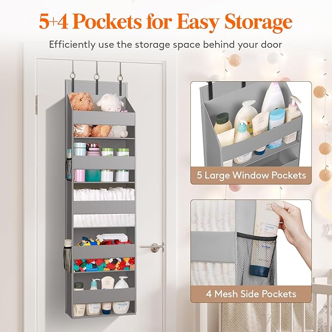 Lifewit 1 Pack Over the Door Organizer, 5 Shelf Clear Window Hanging Storage with 4 Mesh Side Pockets, Anti Tilt 40lbs Load Behind Door for Pantry, Nursery, Bathroom, Bedroom, Kitchen, Dorm,Light Grey
