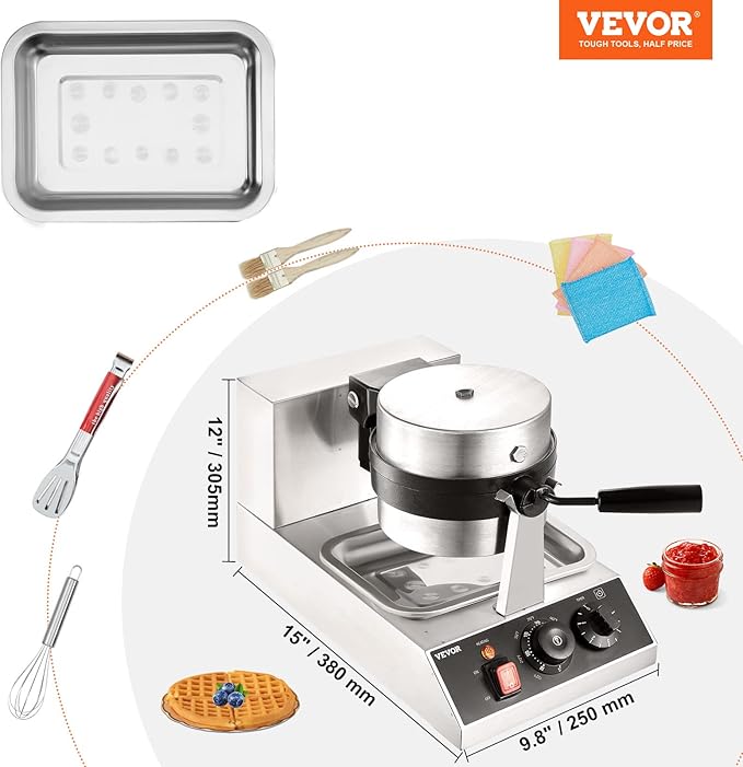 VEVOR Commercial Waffle Maker, 1300W Round Waffle Iron, Non-Stick Rotatable Waffle Baker Machine With 122-572℉ Temp Range and Time Control, Teflon-Coated Baking Pan Stainless Steel Body 120V