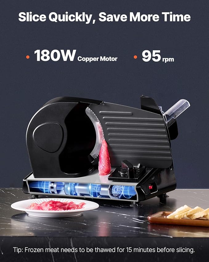 VEVOR Meat Slicer, 7.5 inch Electric Deli Food Slicer with two Premium SUS420 Blades, 0-0.6 inch Adjustable Thickness, 180W Food Slicer Machine for Meat, Hard Bread and Cheese, Home Use