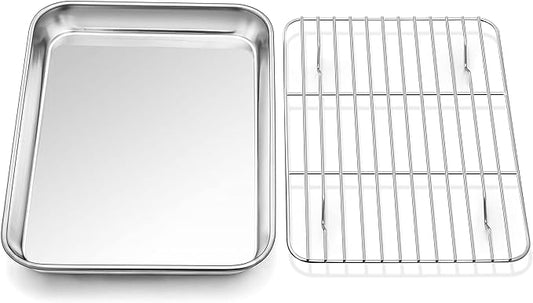 P&P CHEF 10.4 Inch Baking Sheet Pan with Rack Set, Stainless Steel Cookie Sheet Pan Tray with Cooling Rack for Oven Use, Cooking Roasting, Non Toxic & Dishwasher Safe, Heavy Duty