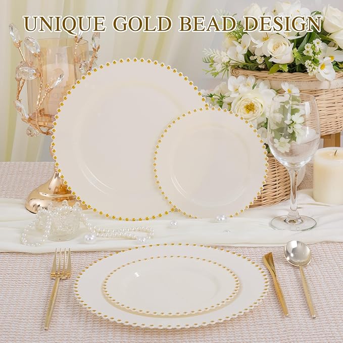 supernal 100pcs Ivory Plastic Plates with Gold Beads - Heavy Duty Elegant Disposable Plates Set Include 50 Cream Plastic Dinner Plate and 50 Dessert Plate Perfect for Wedding, Birthday & Party