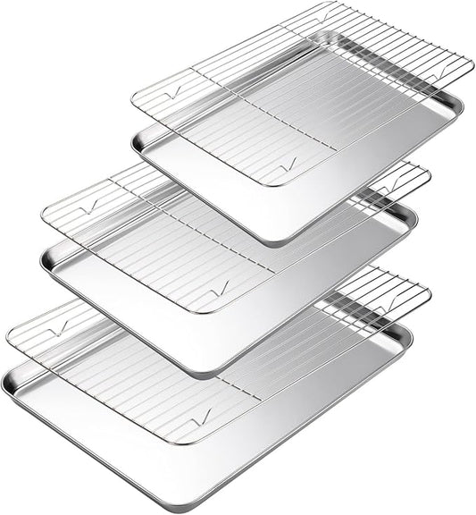 Baking Sheet with Cooling Rack Set of 6, 3 Premium Stainless Steel Cookie Sheets and 3 Wire Racks, Kitchen Nonstick Baking Pans Set Includes 3 Different Sizes, Heavy Duty Non Toxic