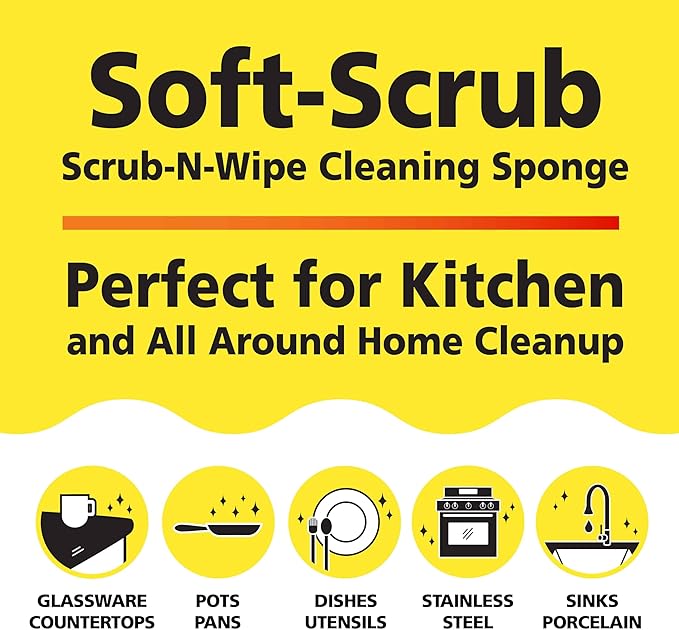 Soft-Scrub by Tuff-Scrub Scrub-N-Wipe Pad, Large, 6-Pack, Microfiber, Multi-Surface, Non-Scratch, Dual-Sided, Scrubber for Dishes, Sinks, Non-Stick Cookware, Machine Washable, Kitchen Sponge
