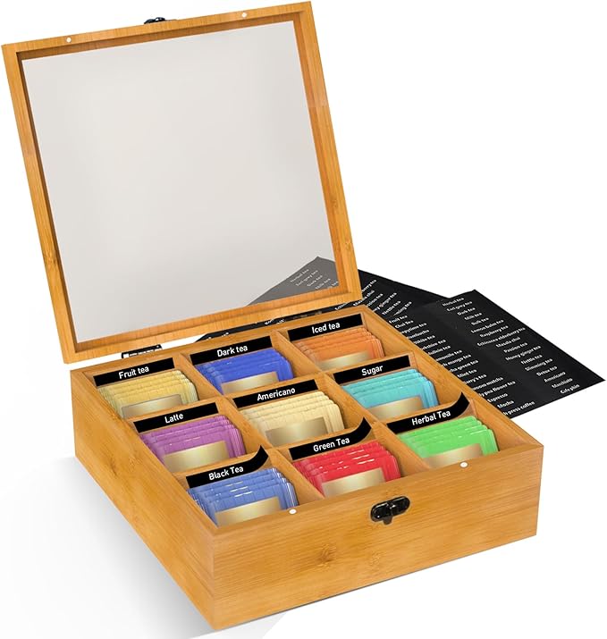 Wood Tea Bag Organizer Tea Storage Box with Clear Acrylic Top Window & 9 Compartments Tea Bag Holder for Home Office Gift (Brown)