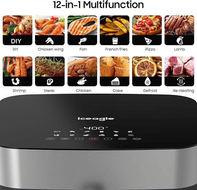 Iceagle Stainless Steel Air Fryer 9 Quart - Airfryer XXL with Large Viewing Window, Dual Heating Elements, 12-in-1 Function to Roast, Bake, Broil, Defrost, Reheat, Dishwasher-Safe Parts, 1700W, Siver