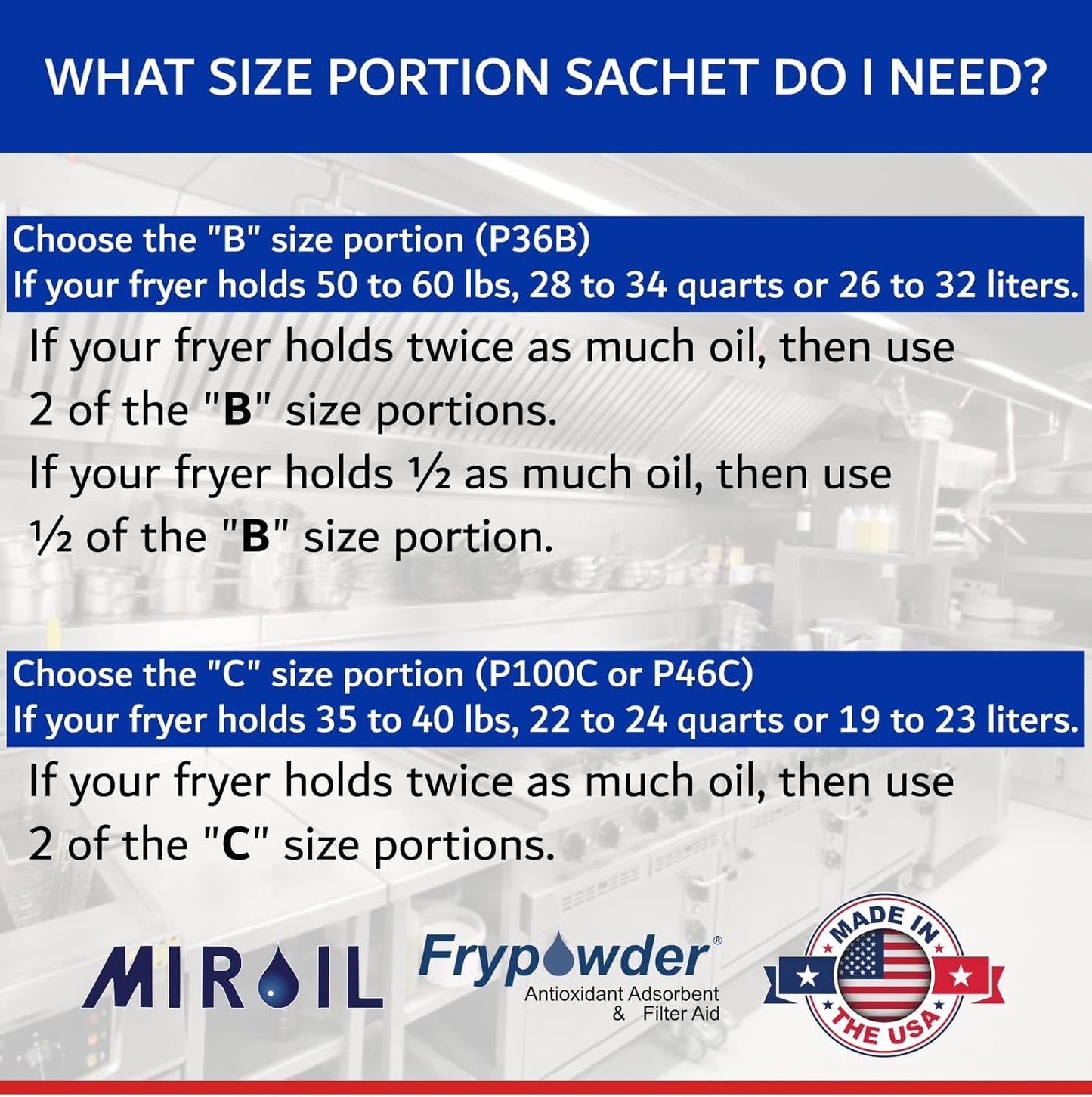 MirOil P32B Fry Powder Oil Stabilizer Filter Aid, 32 x Size B Portion Pack (240 ML Each), Deep Fryer Cooking Oil Saver, Removes Carbon Deposits