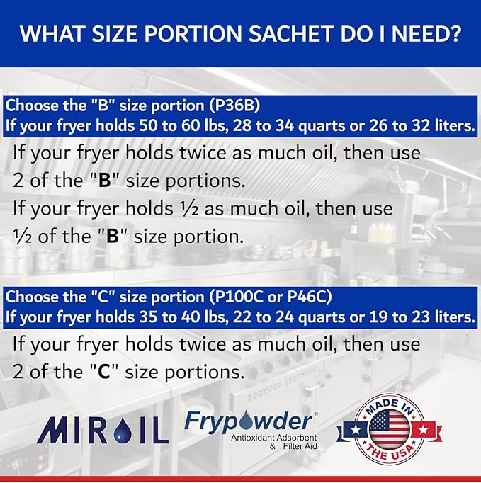 MirOil P100 Fry Powder Oil Stabilizer and Filter Aid, 90 x Size C Portion Pack(160ML Each) Fry Powder, Food Centers Cook Hotter, Deep Fryer Cooking Oil Saver Helps Save Grease & Remove Carbon Deposits