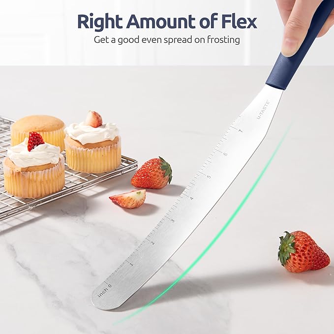 U-Taste Cake Icing Spatulas Set: Straight Decorating Frosting Knife with 6", 8", 10" Flat Thinner Stainless Steel Blade, Flexible Smoothing Spreading Tools with Comfortable PP Handle (Midnight Blue)