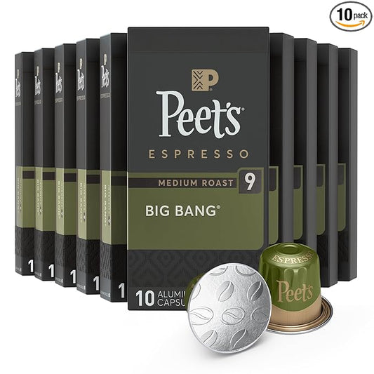 Peet's Coffee, Medium Roast Espresso Capsules, Compatible with Nespresso Original Machines - Big Bang, Intensity 9, 100 Count (10 Boxes of 10 Espresso Capsules)