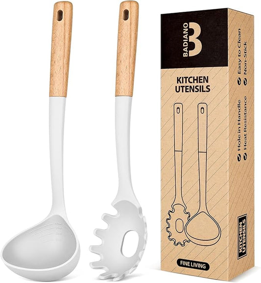 Pasta Fork and Ladle Set, Perfect for Serving Hot Soup, Stirring, and Sauce Pasta, BPA-Free Matte Silicone, Wood Handle Spaghetti Spoon for Nonstick Cooking Surfaces (White)