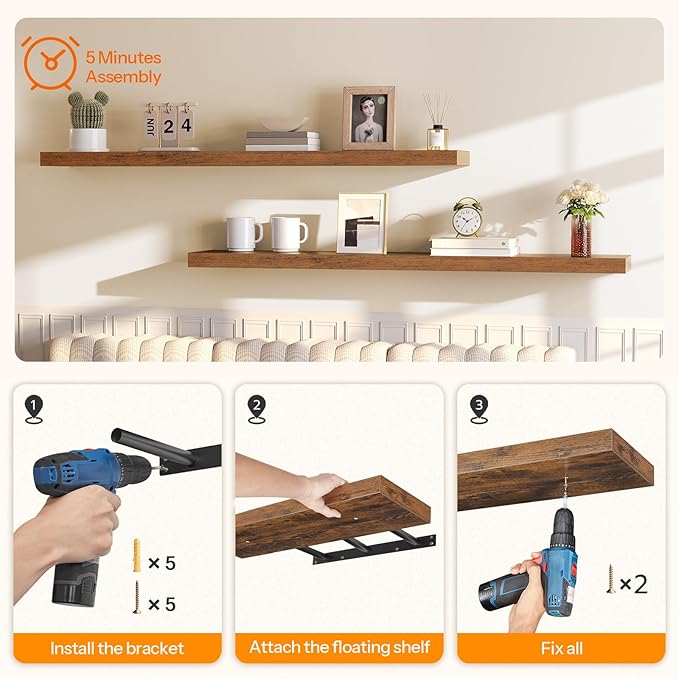 HOOBRO Floating Shelves for Wall, Wall Mounted Shelf Set of 2, 55" Hanging Shelf with Invisible Brackets, for Wall in Bathroom, Bedroom, Toilet, Kitchen, Living Room, Office, Rustic Brown BF140BJP201