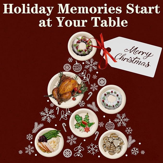 50 Compostable Paper Plates, Includes 25-9" & 25-7" Heavy Duty Disposable Plates, Biodegradable Sugarcane Bagasse, Nature