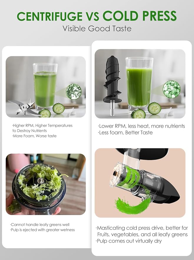 Slow Juicer for Celery Ginger Beet Carrot, Masticating Cold Press Juicer 200W Motor, Pulp Separated, East to Clean Dishwasher Safe, BPA Free, Juicer Machine Vegetable & Fruit