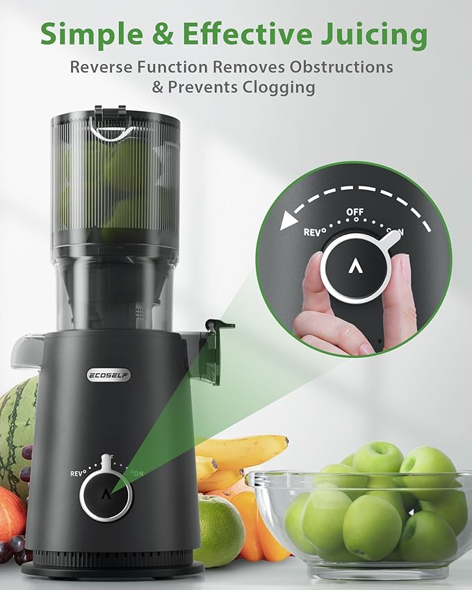 Juicer Machines, ECOSELF Large Feed Chute for Family Needs, Professional Hands Free Cold Press Juicer For Whole Fruits & Vegetables, Self Feeding for Juice Extractor Machine, Easy to Clean