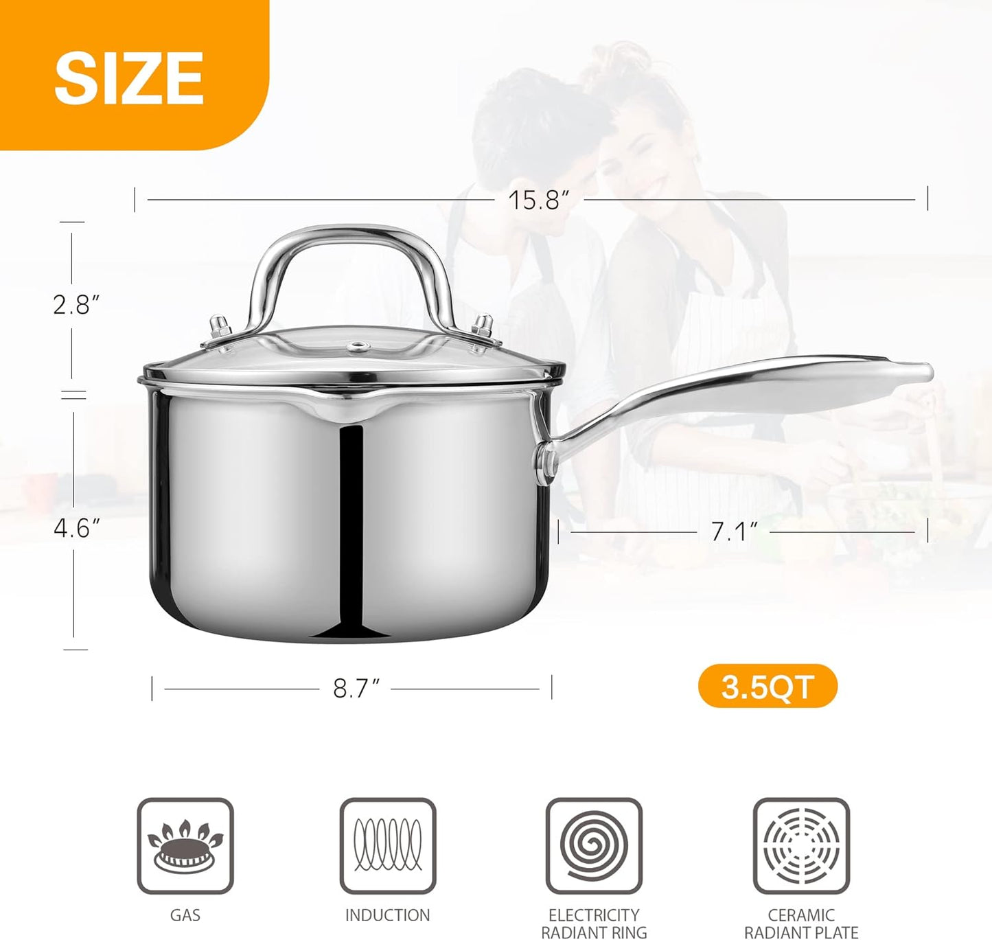 Stainless Steel Saucepan with Glass Lid, 3.5 Quart Multipurpose Sauce Pan, Sauce Pot - for Easy Pour with Ergonomic Handle