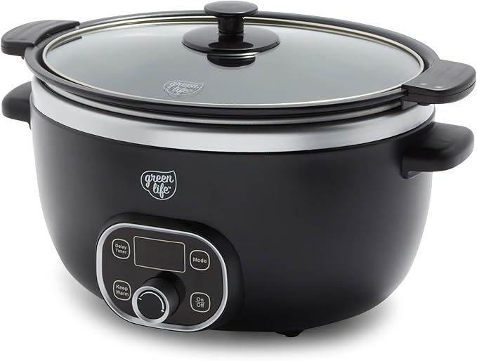 GreenLife 6QT Slow Cooker, Non-Toxic PFAS-Free Ceramic Nonstick Removable Interior Bowl, Programmable, Family Friendly, Keep Warm, Stovetop & Oven Safe, Dishwasher Safe Parts, Timer, Glass Lid, Black