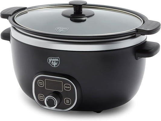 GreenLife 6QT Slow Cooker, Non-Toxic PFAS-Free Ceramic Nonstick Removable Interior Bowl, Programmable, Family Friendly, Keep Warm, Stovetop & Oven Safe, Dishwasher Safe Parts, Timer, Glass Lid, Black