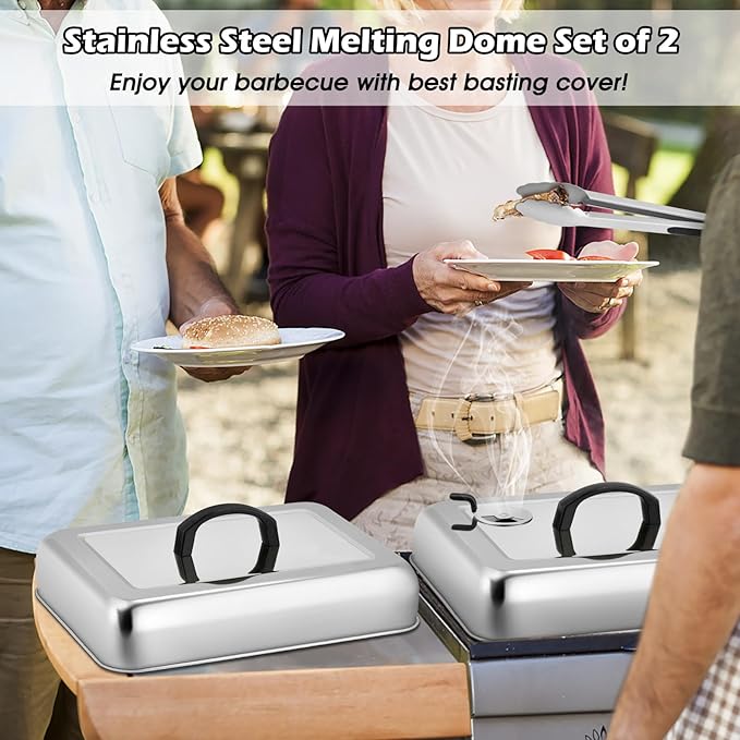 Rectangular Melting Dome 2Pcs, HaSteeL 13.3 X 9.8In Stainless Steel Bating Steaming Cover, Heavy Duty Solid Griddle Lid & Grill Pot with Air Damper, for Flat Top Hibachi Cooking, Dishwasher Safe