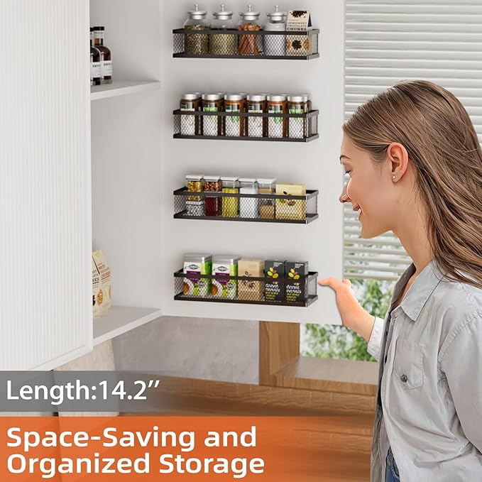 Spice Rack Wall Mount, 4 Pack Pantry Door Organizer & Hanging Storage Baskets Organizer Wall Mount, Large Capacity Metal Spice Shelf for Kitchen Cabinet, Pantry Doors, Bathroom, Shower, Home Decor