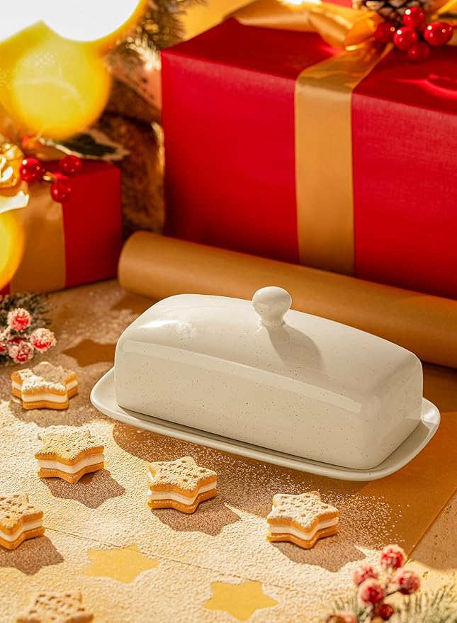 Sweese Butter Dish with Lid, Porcelain Butter Keeper, 7.8 Inch Butter Holder with Handle Cover, Butter Container Perfect for East West Coast Butter, Light Gray