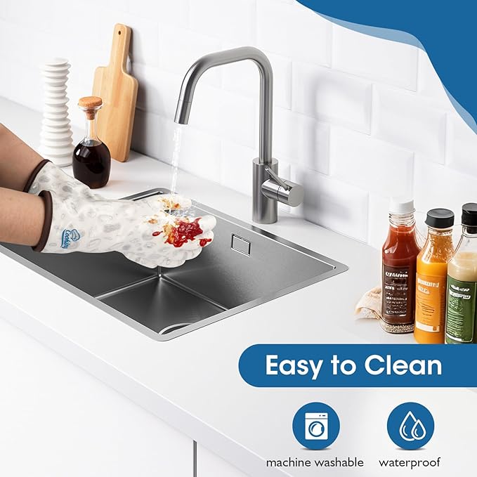 Oven Gloves with Fingers Heat Resistant Waterproof Long Sleeve for Cooking Grilling Baking Barbecue in Kitchen for Men & Women White Medium