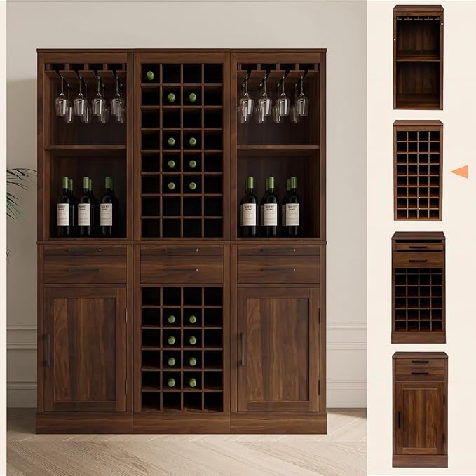 WERSMT 8-Tier Wine Rack Freestanding Floor, 32 Bottles Wood Wine Rack Counter for Small Space, Farmhouse Stackable Modular Wine Bottle Holder Rack, Walnut