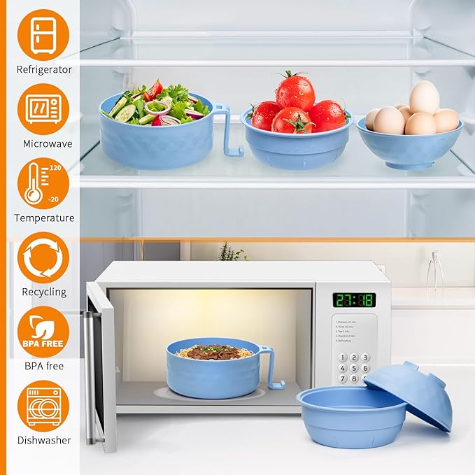 Ramen Cooker,32oz Ramen Bowl Set,Microwave Ramen Bowl, Microwave Bowl with Lid, Portable Noodle Bowls,for Home Office Dorm Room College gift (Light Blue)