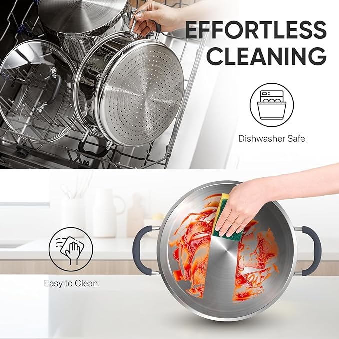 Sunhouse - 3.1 Quarts Steamer Pots With Lid 2-Tier Multipurpose Stainless Steel Steaming Pot Cookware For Vegetable, Dumpling, Sauce, Food - Triple Bottom, Measurement Line