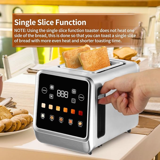 Toaster Touch Screen Toaster 2 Slice with LCD Display Stainless Steel Digital Timer Toasters 6 Bread Types& 6 Shade Settings Smart Extra Wide Slots Tostadora With Bagel Cancel,Defrost Functions