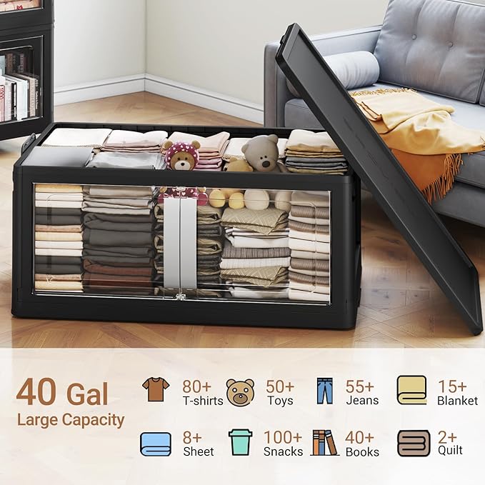 160QT Stackable Storage Bins with Lids, 40Gal Extra Large Collapsible Storage Box with Wheel, Plastic Storages with Clear Door Open Front for Home Bedroom Garage, Black-1pack