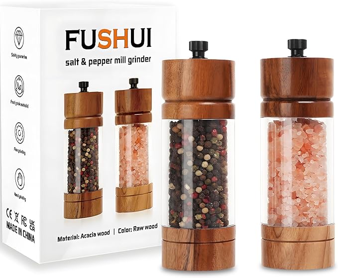 2 Pack 5.5 Inch Wood Salt and Pepper Grinder Set, Premium Acrylic Salt and Pepper Grinder Set with a Adjustable Ceramic Rotor - Made of High-Grade Acacia Wood Material