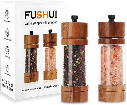 2 Pack 5.5 Inch Wood Salt and Pepper Grinder Set, Premium Acrylic Salt and Pepper Grinder Set with a Adjustable Ceramic Rotor - Made of High-Grade Acacia Wood Material
