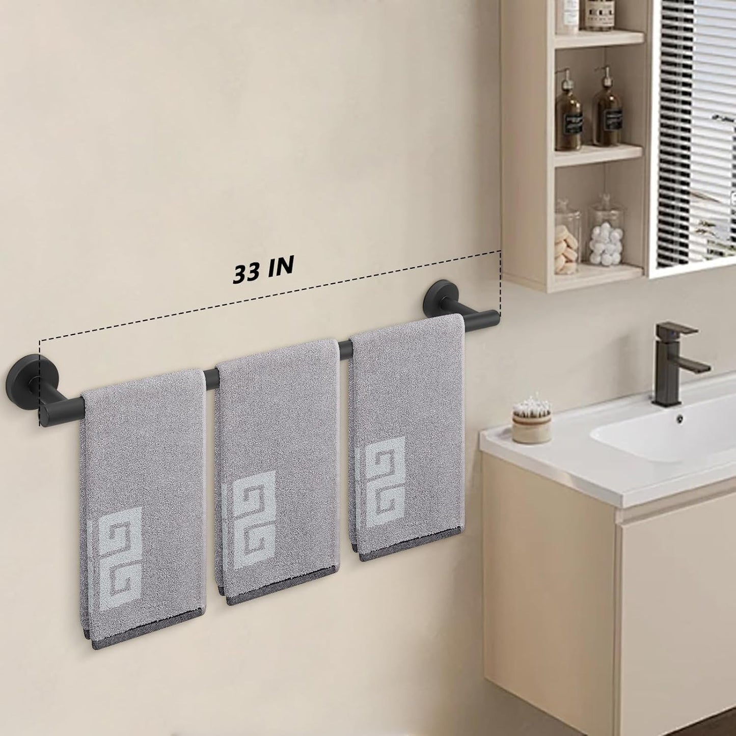 NearMoon Bath Towel Bar, Bath Accessories Thicken Stainless Steel Shower Towel Rack for Bathroom, Towel Holder Wall Mounted (1 Pack, Matte Black, 33 Inch)