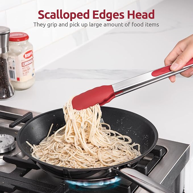 Heat Resistant Silicone Kitchen Tong: U-Taste 12 inch Large 480ºF Hot Proof Cooking Tong with Sturdy Non Stick Rubber Tips & Silicon Coated Steel Handle & Smooth Locking for Serving Grill Salad (Red)