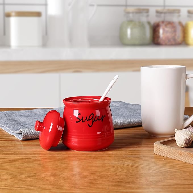 ONTUBE Ceramic Sugar Bowl with Lid and Spoon 12oz (Red)