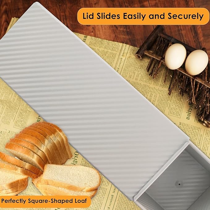 2-Pack Beige Pullman Loaf Pan with Lid, Long Nonstick Bread Pan for Toast & Sandwich Bread, Cream White Nonstick Loaf Pan, 3 Vented Holes & Ridged Design, Great for Baking Lovers and Home Use