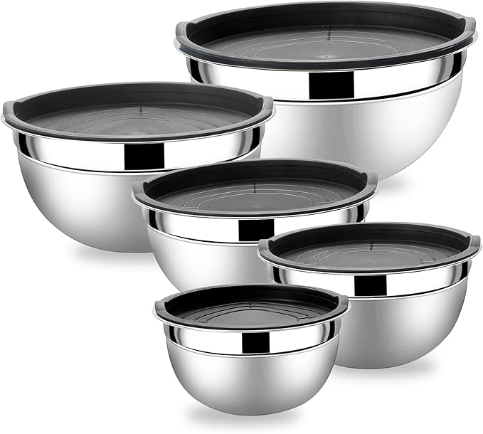 Lazycorner Mixing Bowls with Airtight Lids Set 5 Pcs Stainless Steel Bowls Set Baking Set Non-Slip Silicone Bottoms Great for Serving & Baking