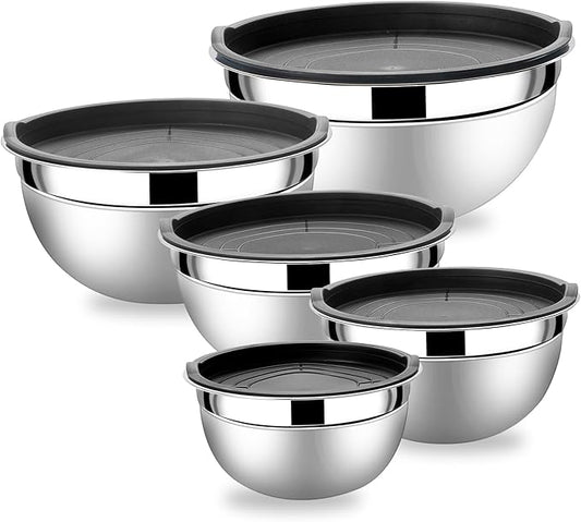 Lazycorner Mixing Bowls with Airtight Lids Set 5 Pcs Stainless Steel Bowls Set Baking Set Non-Slip Silicone Bottoms Great for Serving & Baking
