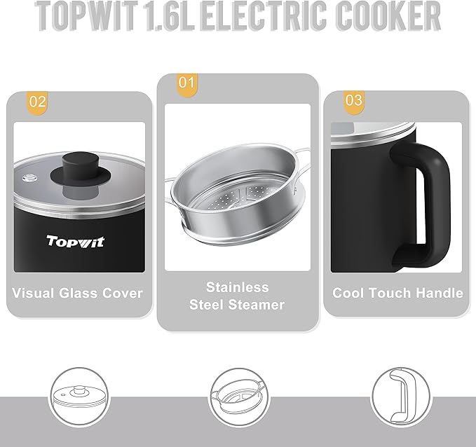 Topwit Hot Pot Electric with Steamer, 1.6L Ramen Cooker, Electric Pot for Pasta, Shabu-Shabu, Oatmeal, Soup and Egg, Portable Cooker with Dual Power Control, Dorm Room Essentials, Black