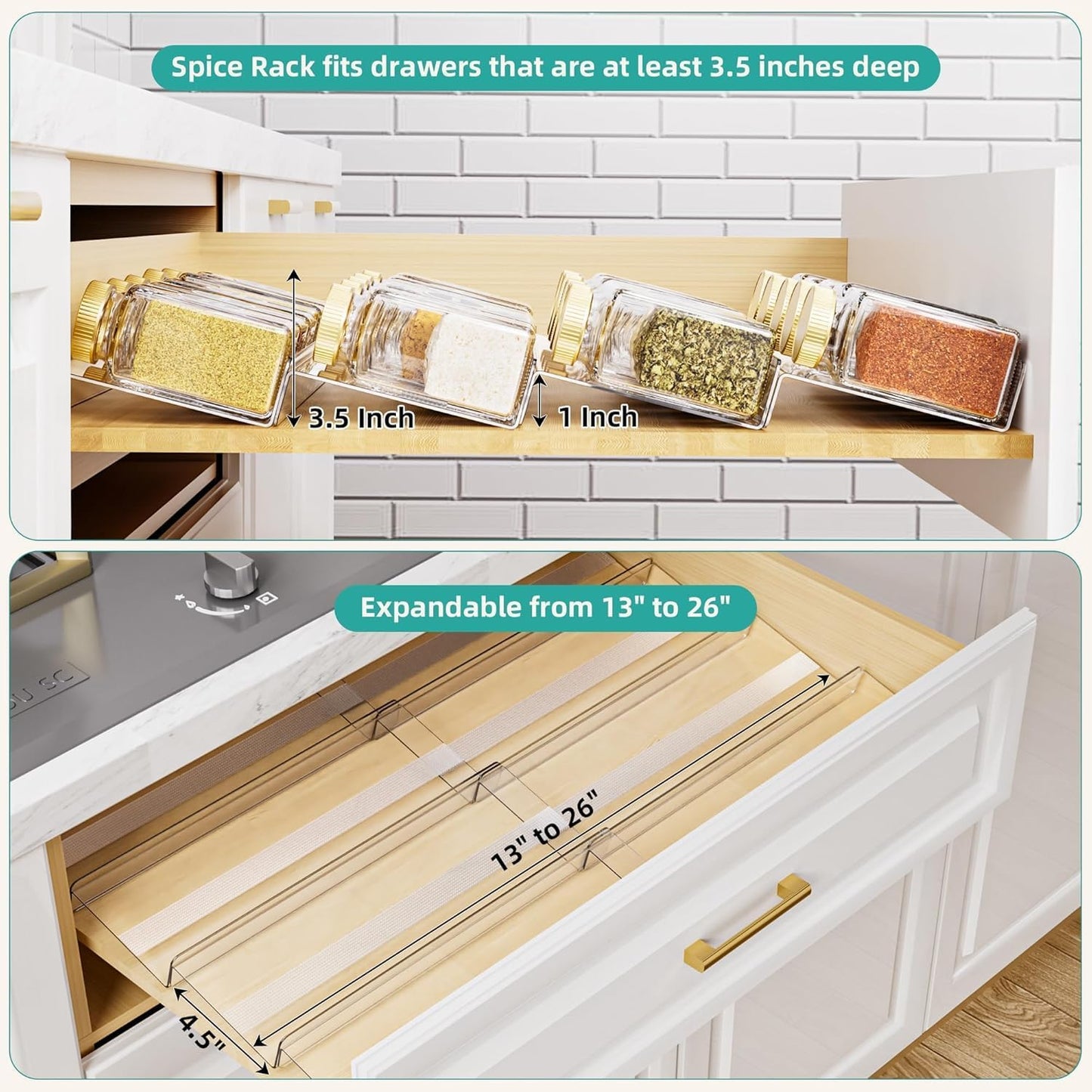 MIUKAA Acrylic Spice Drawer Organizer, 2 Tier - 4 Pack Seasoning Organizer for Drawer, Expandable From 13" to 26" Kitchen Drawer Spice Rack with Slip-Proof Mat (Jars not Included)