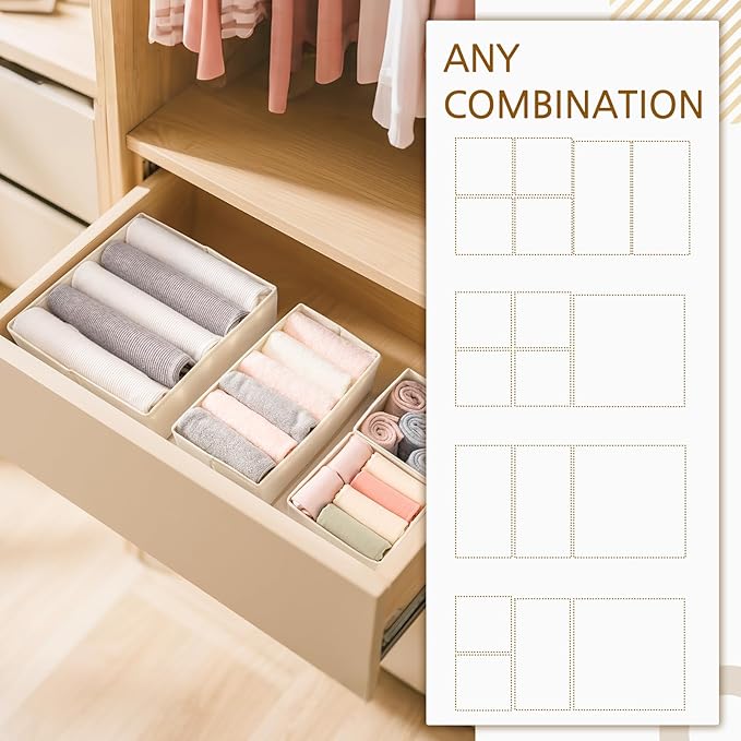 Criusia 15 Pack Drawer Organizer for Clothes, Foldable Dresser Dividers with 3 Sizes, Fabric Storage Bins – Beige