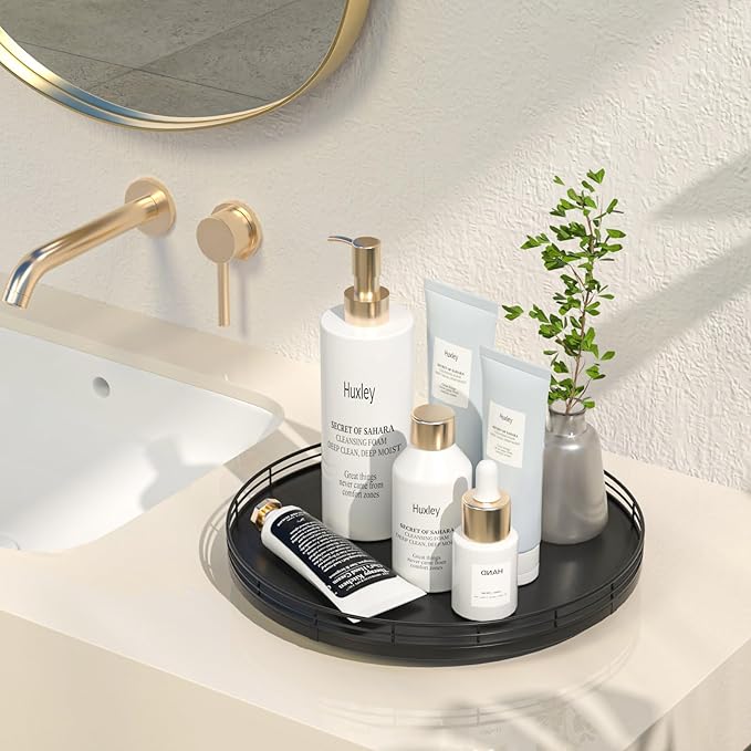 12" Oak Wood Bathroom Tray for Counter, Vanity Tray for Perfume Lotion Candle Makeup Jewelry Sink Soap Holder Turntable Dresser Organizer Countertop Coffee Table Decor Organization and Storage Black