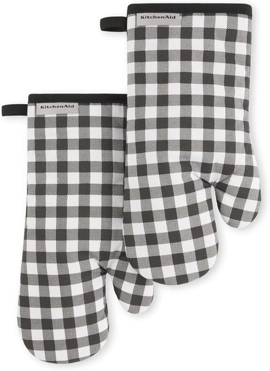 KITCHENAID Gingham Oven Mitt 2-Pack Set, Matte Black, 7"x13"