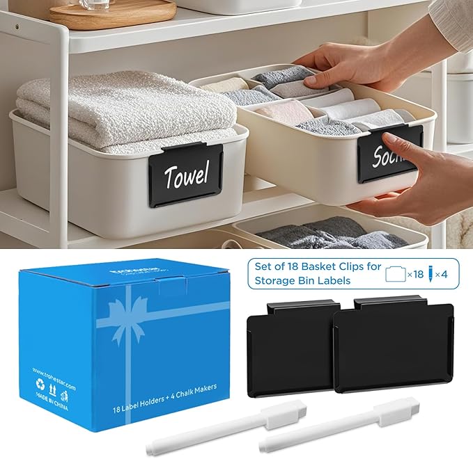 Metal Pantry Baskets Labels Clip On for Storage Bins | Edge Fold-Cream (Edge Fold-Black, 18 Metal Label Clip)