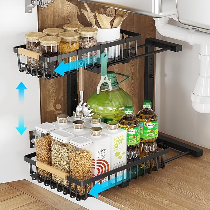 Under Sink Organizer, 2 Tier Metal Under Sink Organizers and Storage, Height Adjustable Slide out Pull out Cabinet Organizer for Kitchen Bathroom