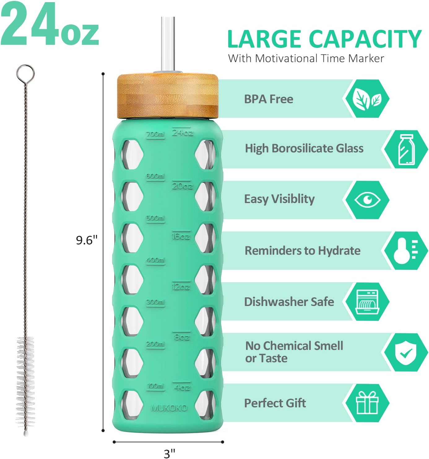 MUKOKO 24oz Glass Water Bottle with 2 Lids-Handle Flip Lid&Bamboo Straw Lid,Motivational Water Tumbler with Time Marker Reminder and Silicone Sleeve, Leakproof-Green