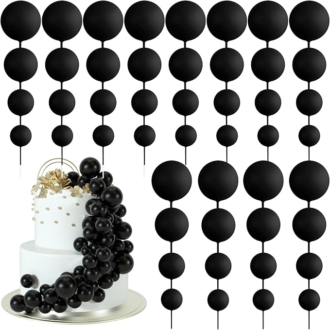 48 Pcs Balls Cake Topper Decorations Balloon Cupcake Toppers Foam Cake Topper Balls Cake Balls Decorations for Birthday Party Wedding Anniversary Cake Decorating (Black)